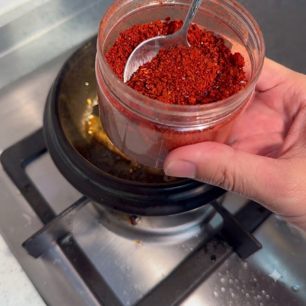 Un contenitore con peperoncino in polvere rosso vivo e un cucchiaio, pronto sopra una pentola.