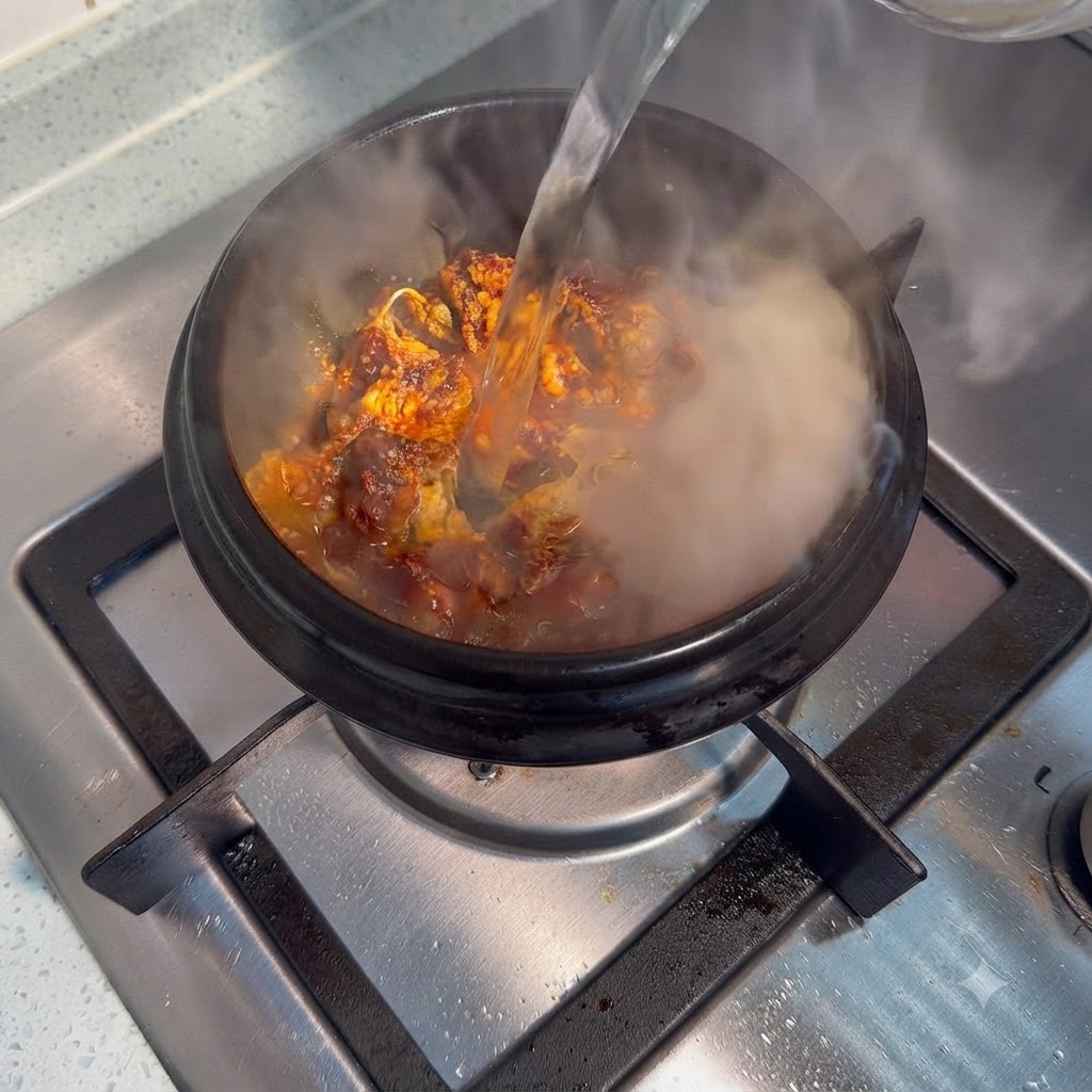 Acqua versata in una pentola di ceramica calda con carne condita e spezie, che produce vapore.