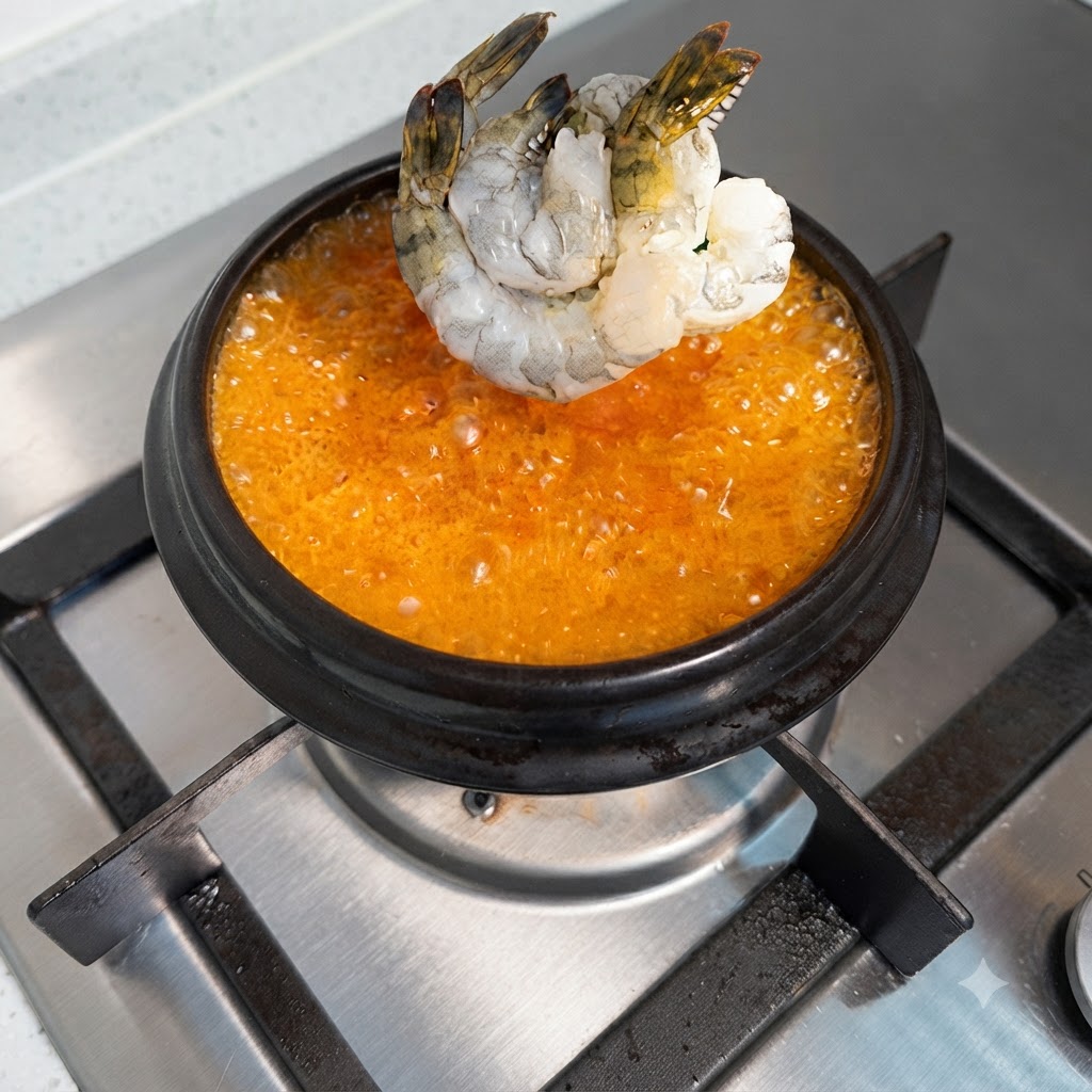 Gamberi freschi calati in un brodo di zuppa bollente color arancione vivo dentro una pentola scura.