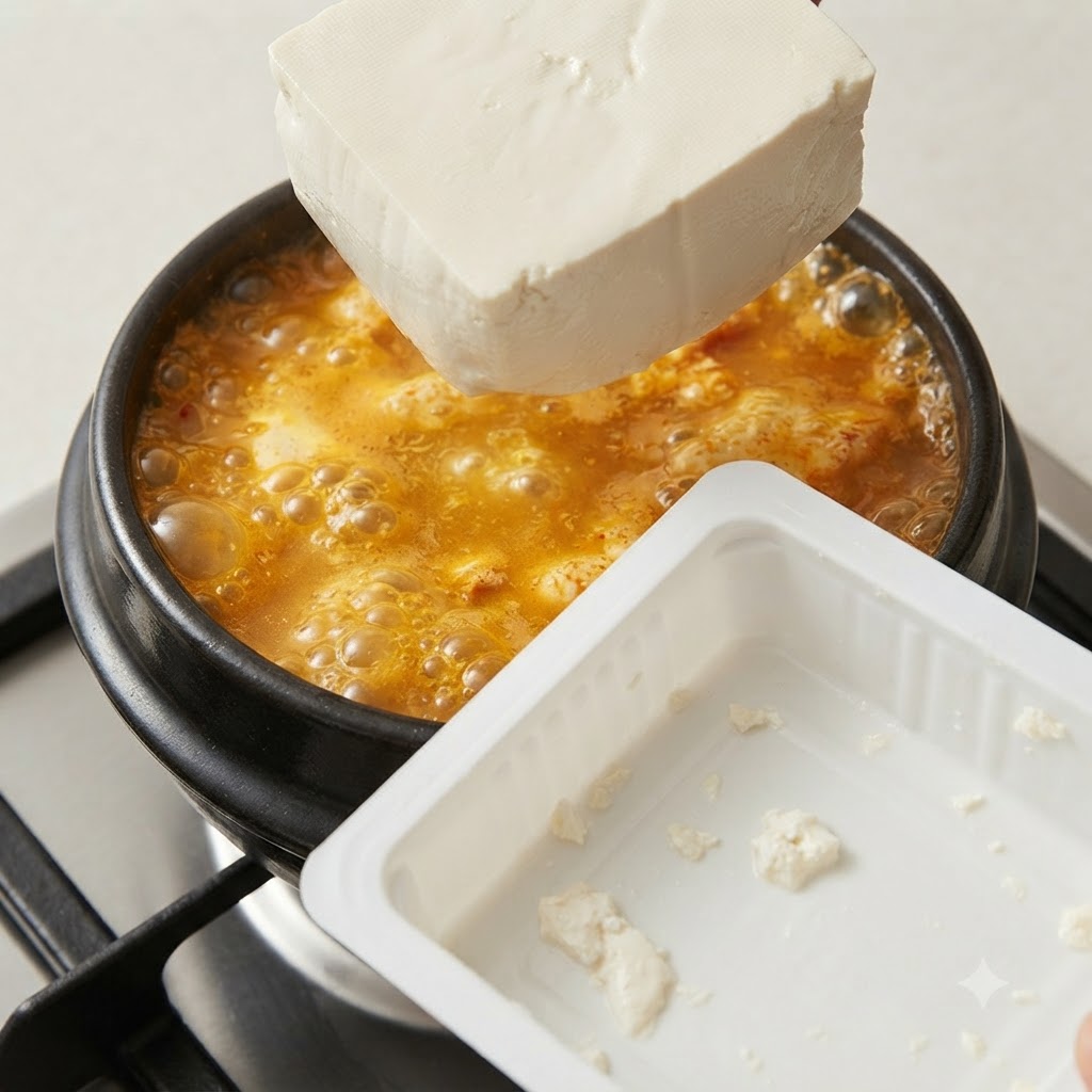 Un panetto di tofu morbido aggiunto nella zuppa bollente accanto al suo contenitore.