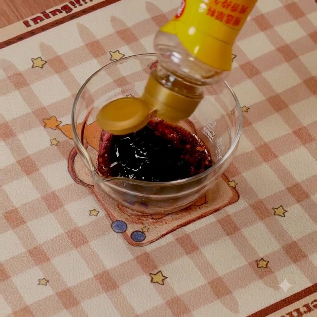 Versamento di salsa scura in una piccola ciotola di vetro contenente pasta di peperoncino coreana.