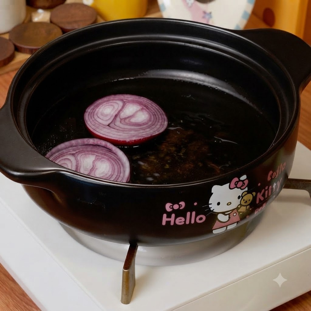Cipolle rosse affettate adagiate in un sottile strato di olio allinterno di una pentola da cucina nera.