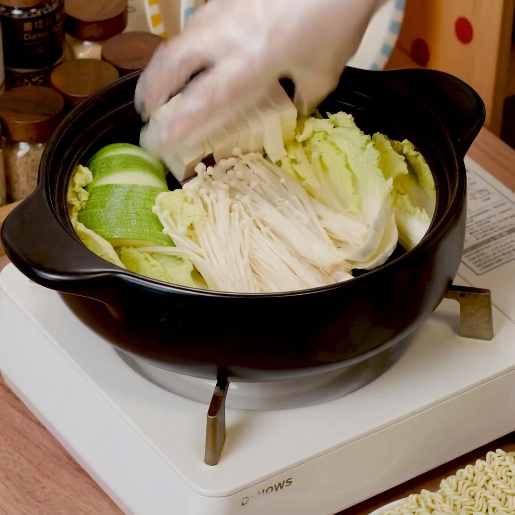 Freschi cavoli napa novelli, funghi enoki, zucchine e tofu disposti a strati allinterno di una pentola nera.