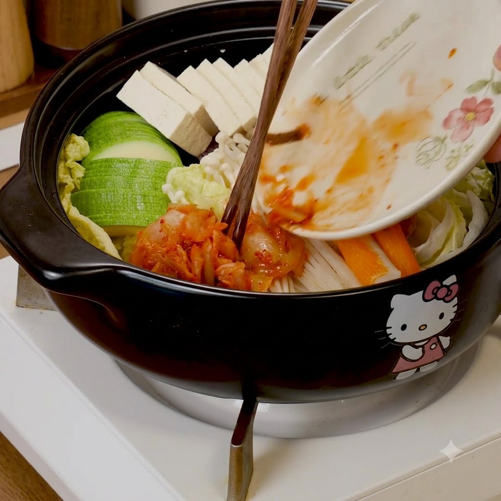 Utilizzo delle bacchette per fare scivolare il kimchi tritato da un piatto in una pentola piena di zucchine, tofu, funghi enoki e surimi.