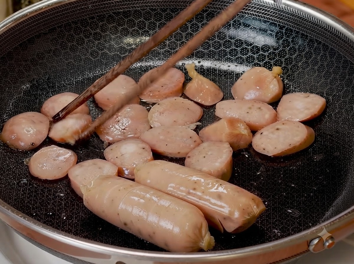 Salsicce incise e affettate che rosolano in una padella a nido dape, girate con le bacchette.