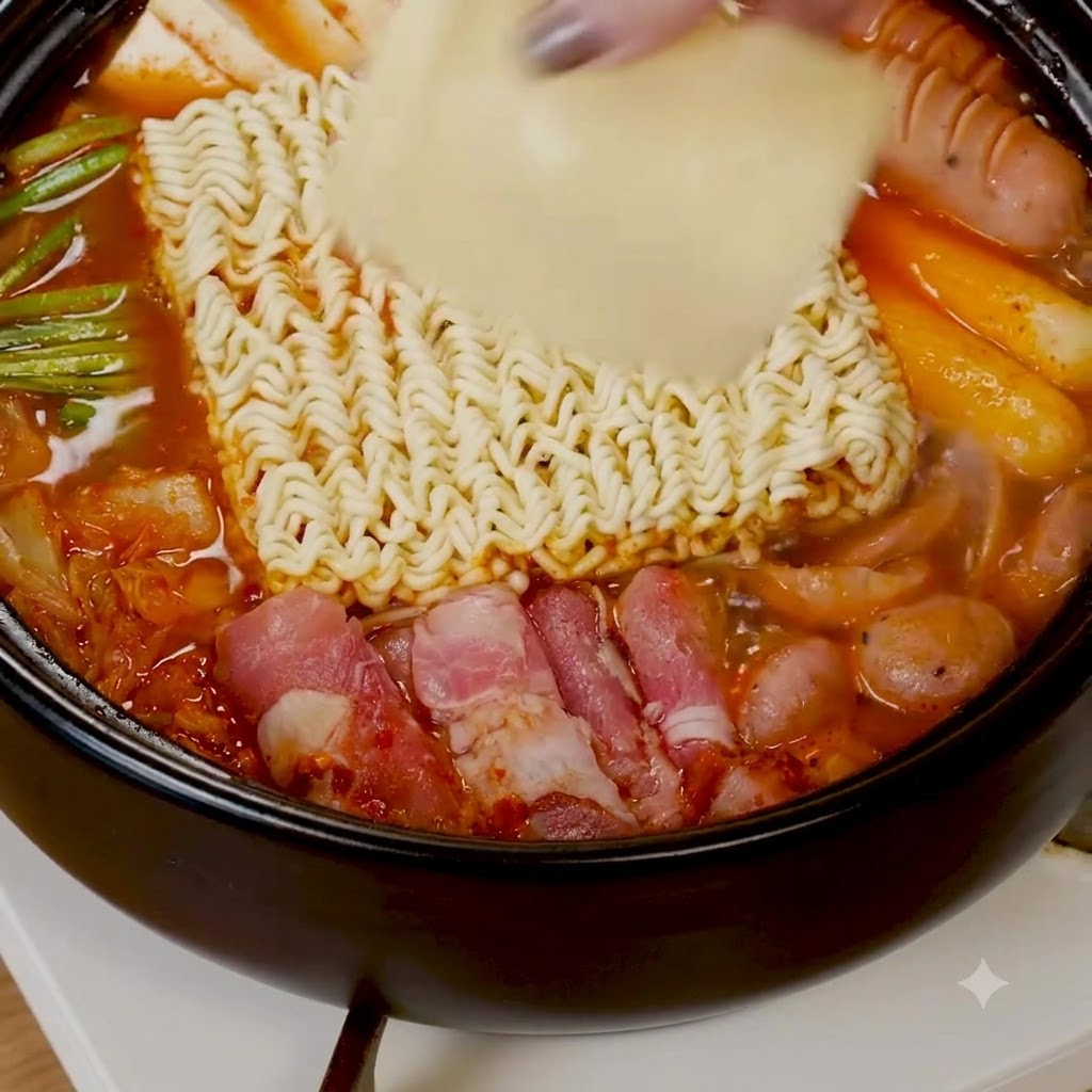 Un blocco di noodles ramen istantanei e una fetta di formaggio messi nel brodo rosso.