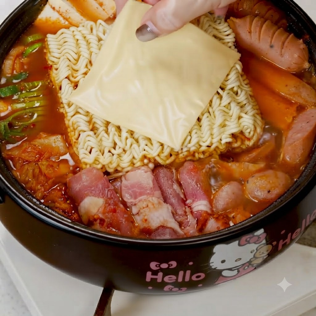 Un uovo crudo rotto sopra i noodles istantanei e il formaggio nella pentola.