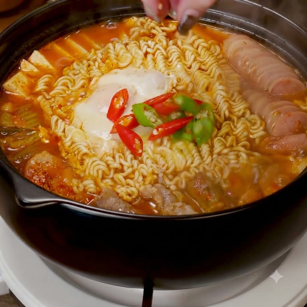 Peperoncini rossi e verdi affettati sparsi sulluovo in cottura e sui noodles.