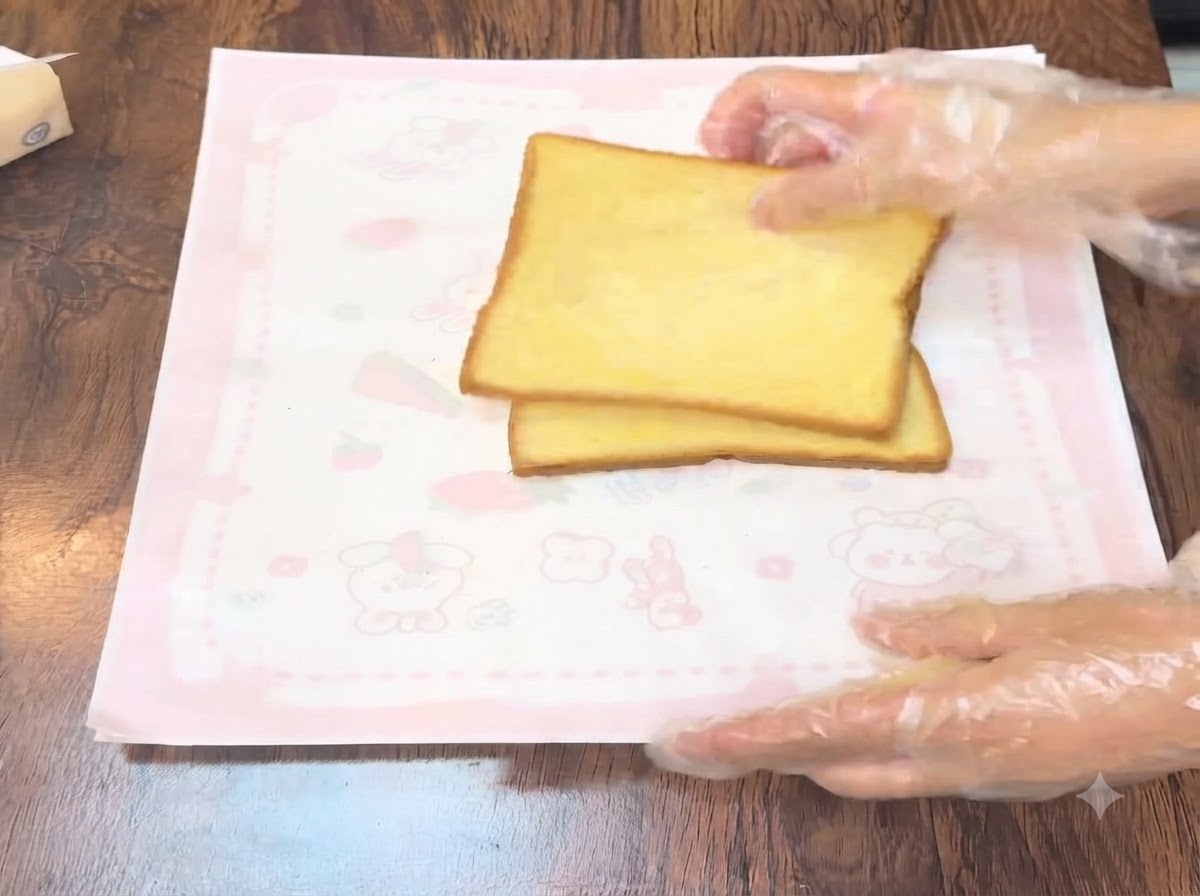 Tre fette di pane alla zucca disposte una accanto allaltra su un tappetino decorato in rosa con salsa per insalata spremuta sopra.
