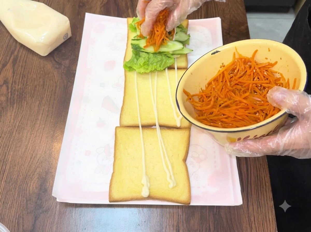 Aggiunta di carote julienne arancioni brillanti da una ciotola gialla sopra lo strato di cetrioli di un panino.