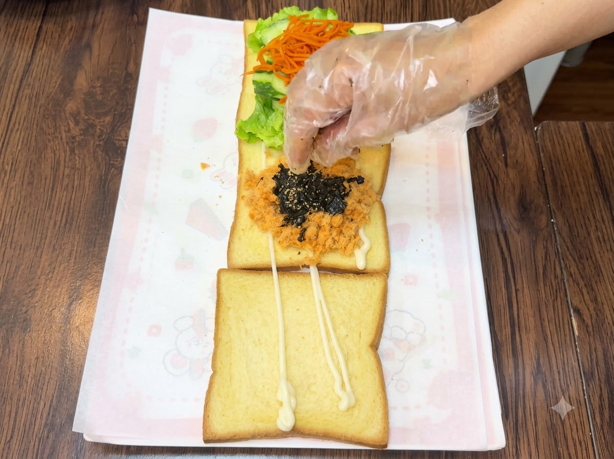 Una mano che cosparge briciole di alga tostata scura e semi di sesamo su uno strato di floss di carne su una fetta di pane.