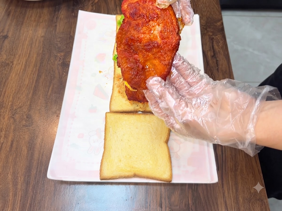 Una mano guantata che solleva e posiziona una seconda cotoletta di pollo fritta sopra gli strati del panino.