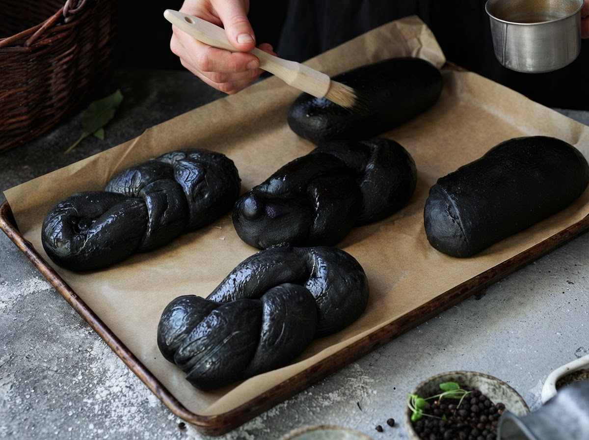 Panini di pane nero intrecciati su una teglia mentre vengono spennellati con uovo sbattuto usando un pennello da cucina in legno.