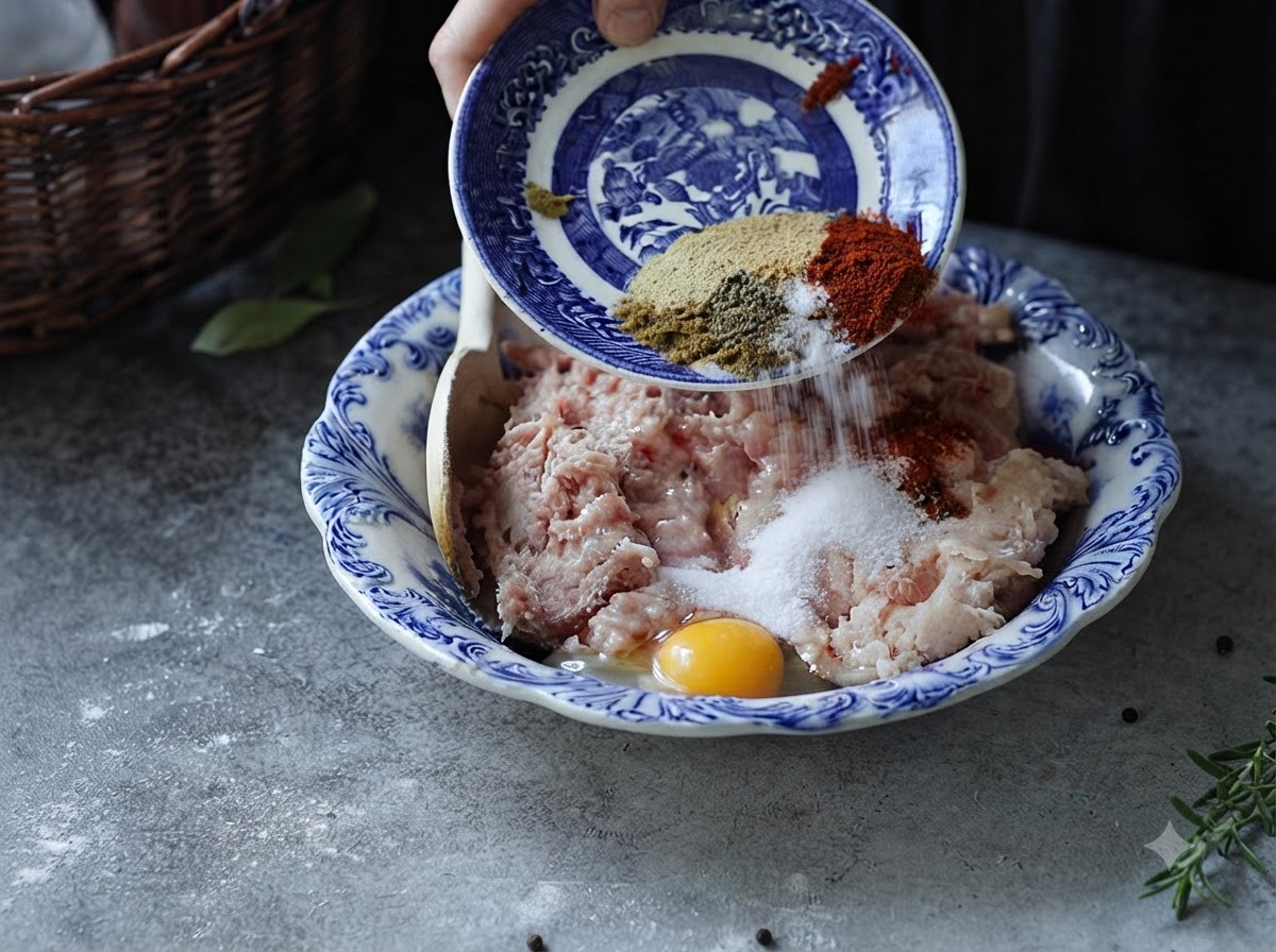 Spezie e un uovo sgusciato versati da un piccolo piatto decorativo in una ciotola grande piena di macinato di pollo.