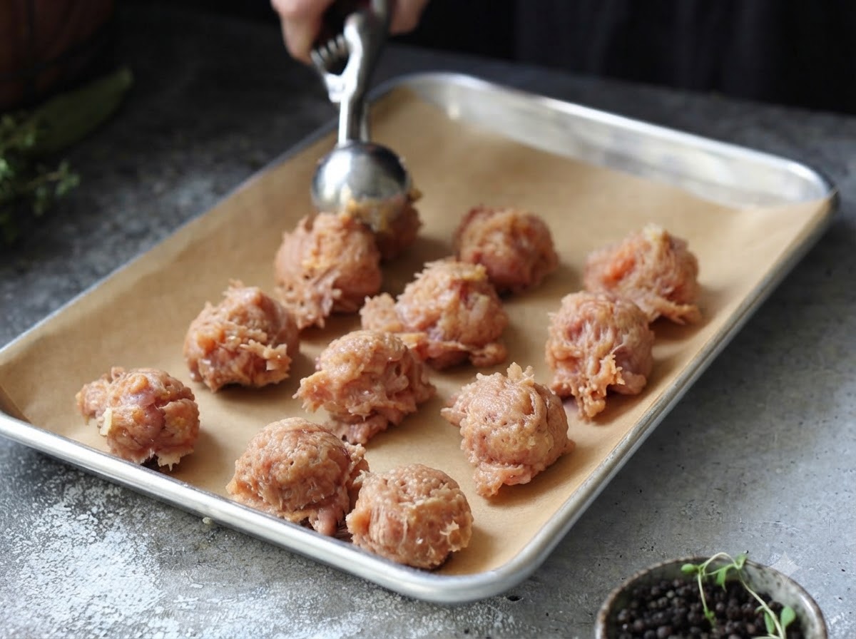 Un porzionatore per biscotti in metallo che deposita piccole porzioni di macinato di pollo condito su una teglia con carta da forno.