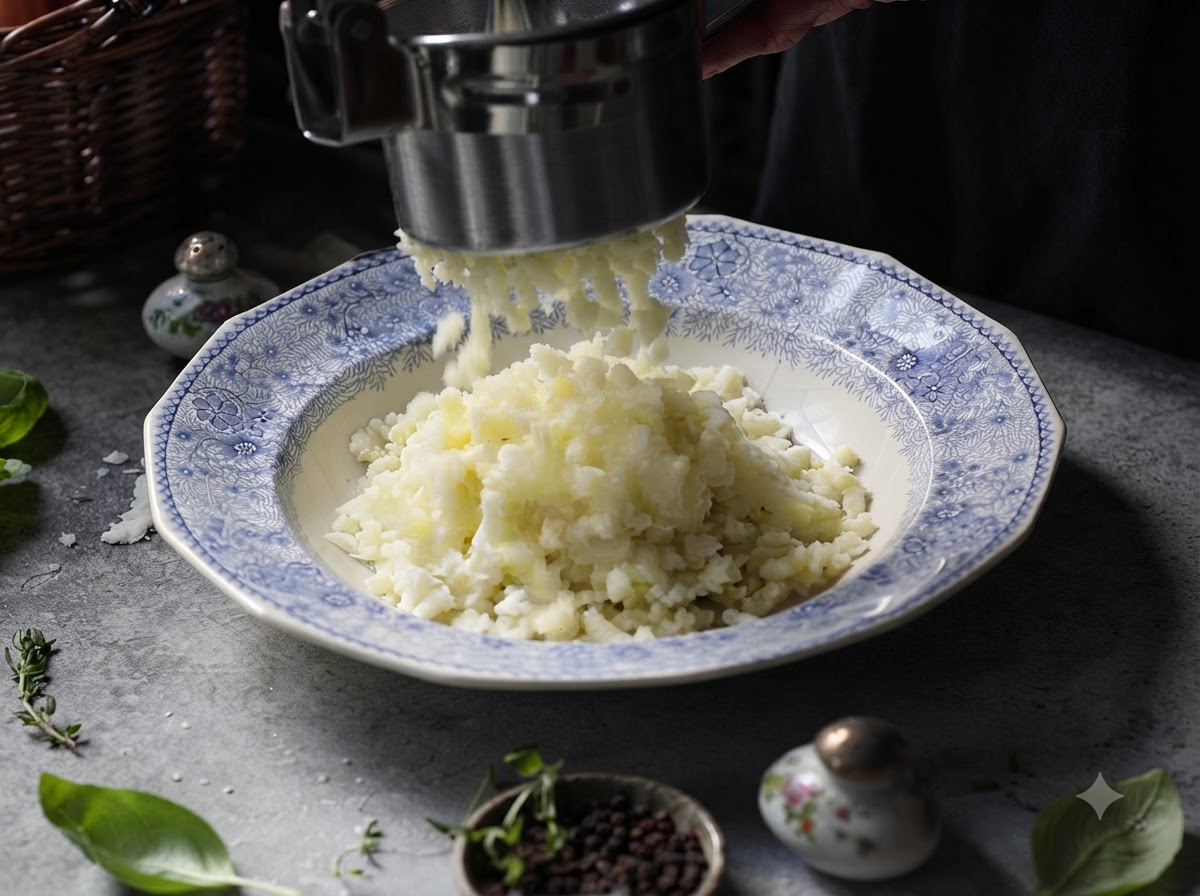 Uno schiacciapatate in metallo che estrude patate appena cotte dentro una ciotola di ceramica decorata nei toni del blu e bianco.