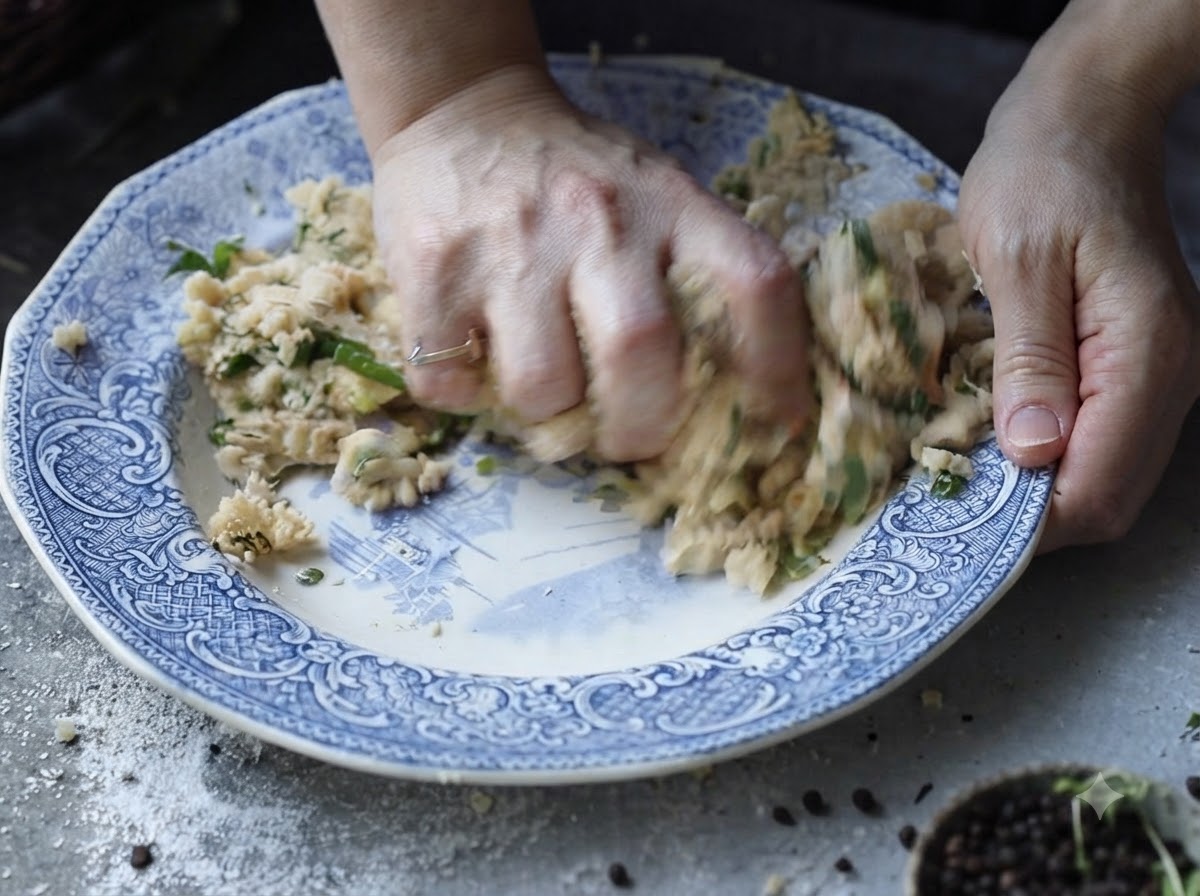Mani che lavorano attivamente un composto di patate schiacciate ed erbe verdi allinterno di una ciotola di ceramica decorata.