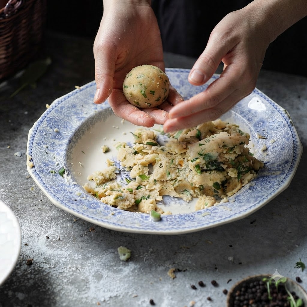 Mani che rotolano un composto di patate ed erbe aromatiche formando una sfera sopra un piatto di ceramica decorato.