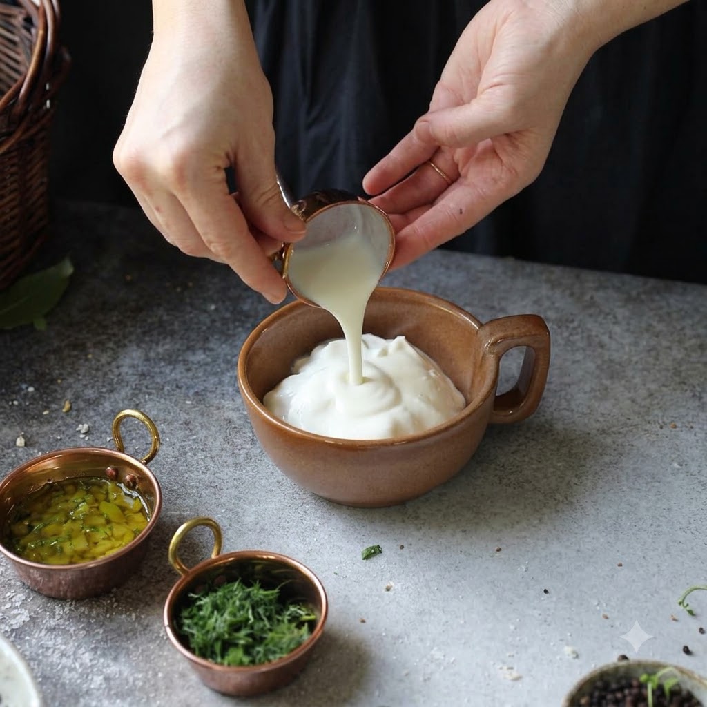 Liquido versato da una piccola lattiera in rame nello yogurt dentro una tazza di ceramica marrone.