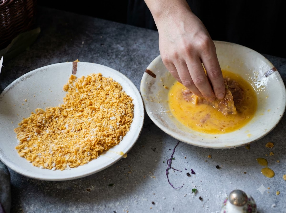 Una mano che immerge una polpetta di pollo in una ciotola di uova sbattute gialle accanto a un piatto di cornflakes sbriciolati.