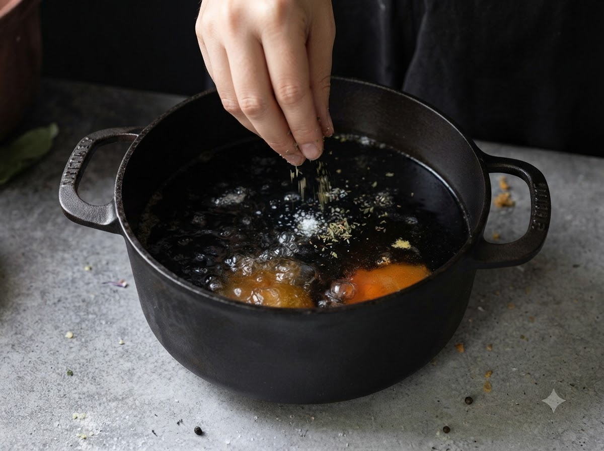 Una mano che sparge erbe e spezie sopra lolio bollente che frigge allinterno di una pentola in ghisa nera.