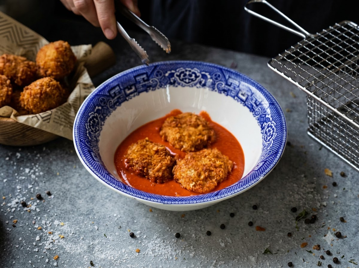 Medaglioni di pollo fritto mentre vengono mescolati nella salsa buffalo rosso vivo dentro una ciotola decorata in stile blu.