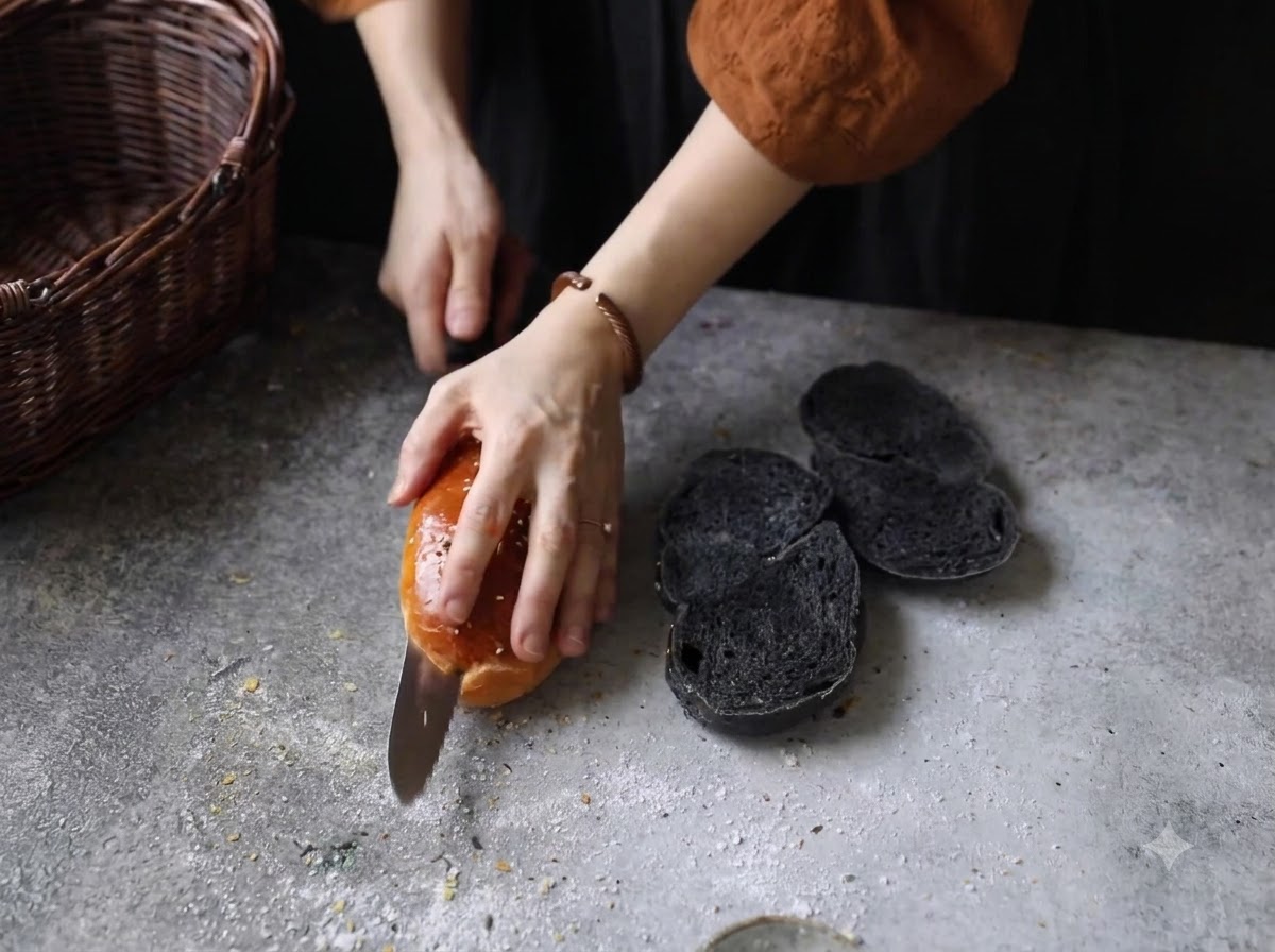 Mani che tagliano a metà un panino nero al sesamo cotto su un piano di lavoro grigio accanto ad altre metà di pane.