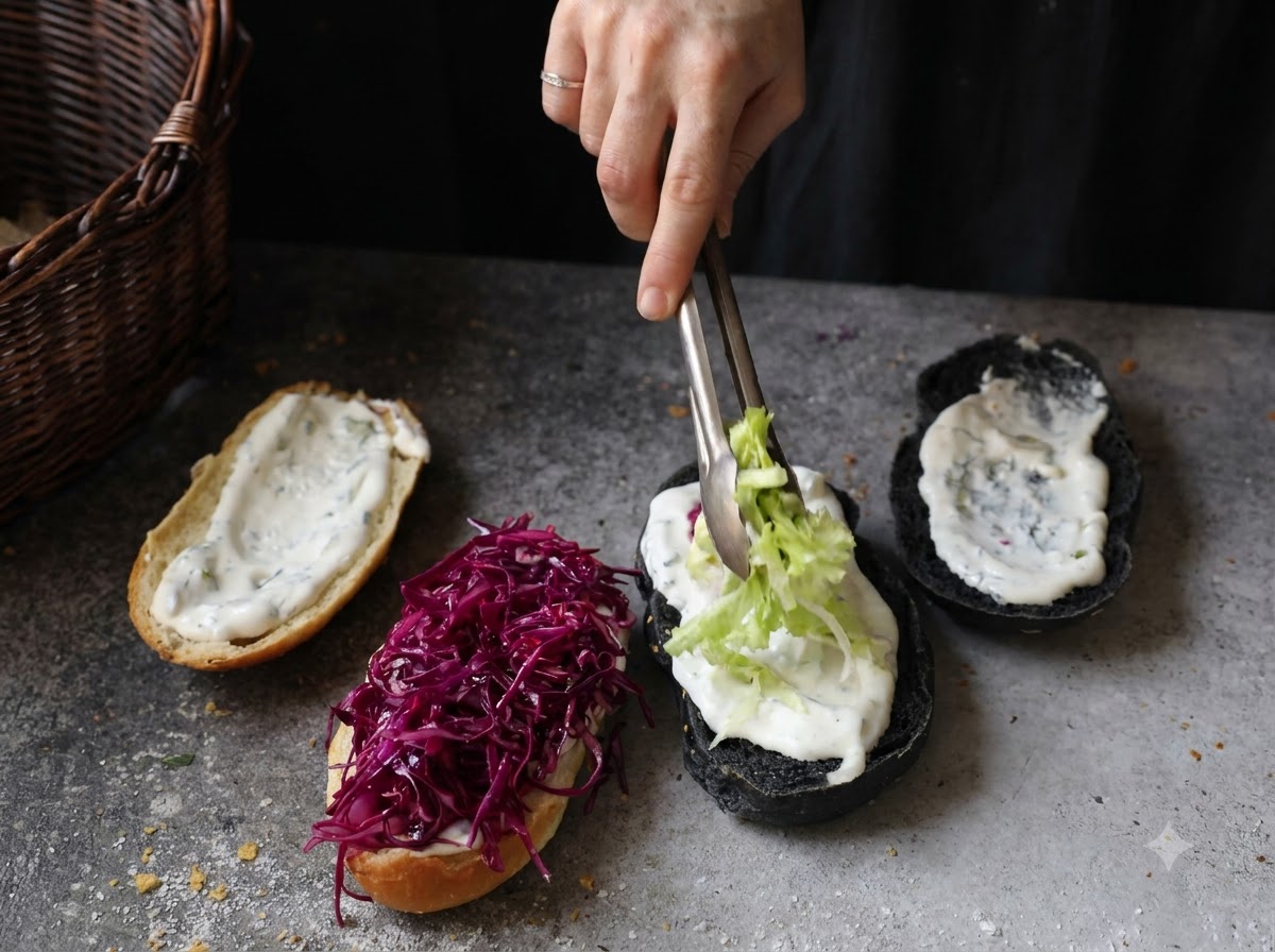 Pinze che posizionano insalata julienne su una metà di panino spalmata di salsa bianca, accanto a unaltra metà con cavolo rosso.