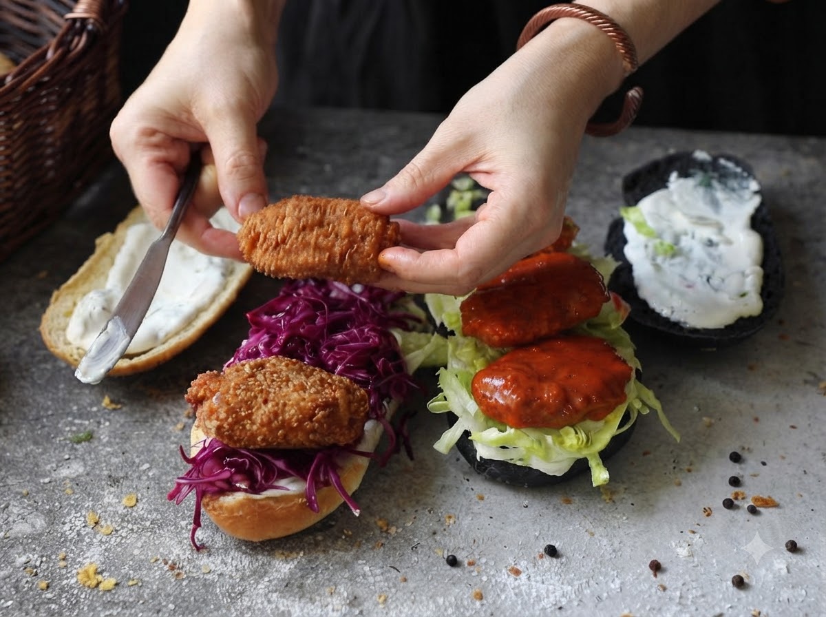 Mani che posizionano un burger di pollo glassato alla salsa buffalo sopra un panino arricchito con cavolo rosso e insalata.