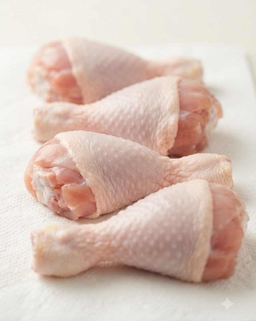 Cosce di pollo crude disposte su carta assorbente bianca, con consistenza della pelle umida.