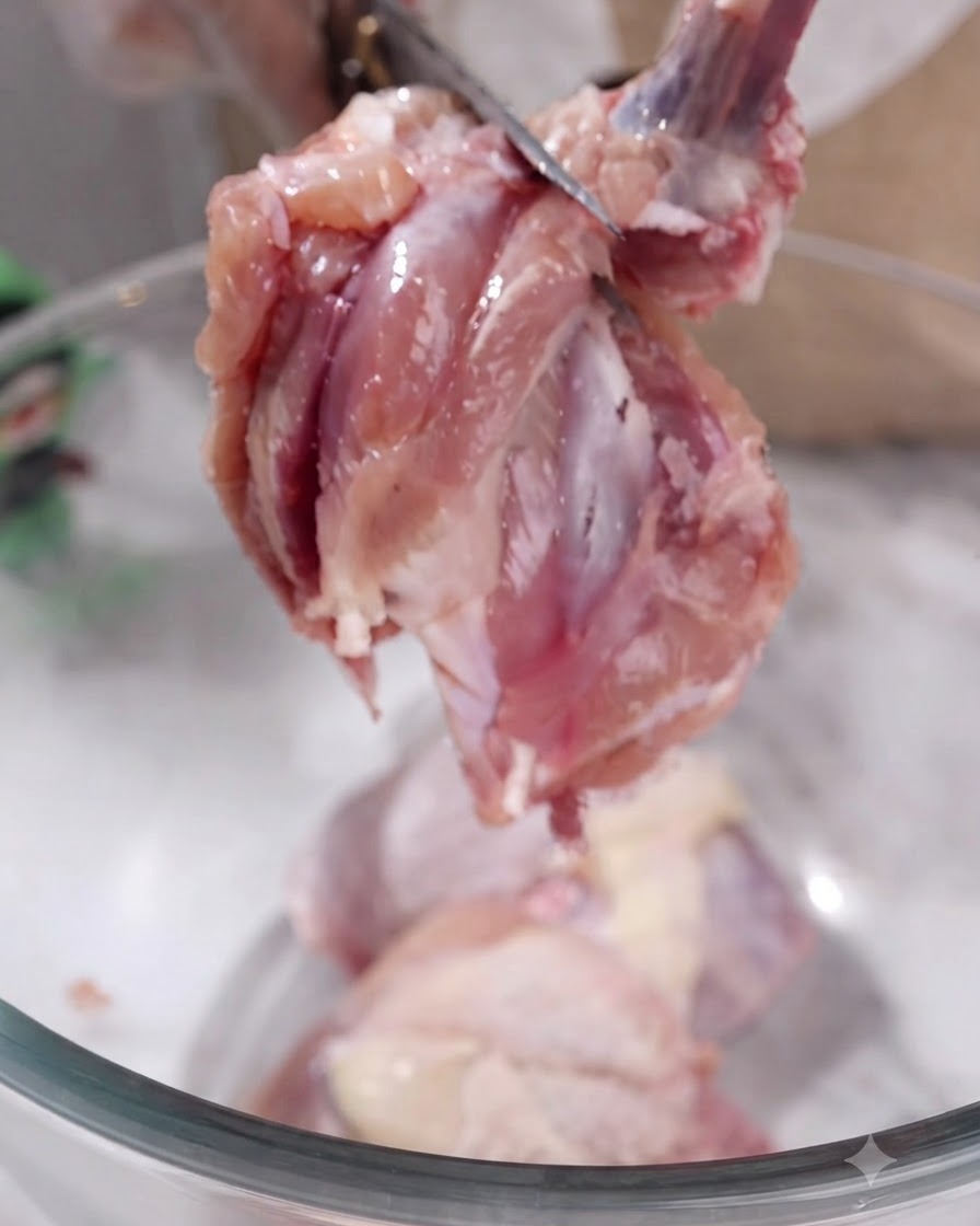 Mani con guanti che usano forbici da cucina per tagliare losso dalla carne cruda sopra una ciotola di vetro.