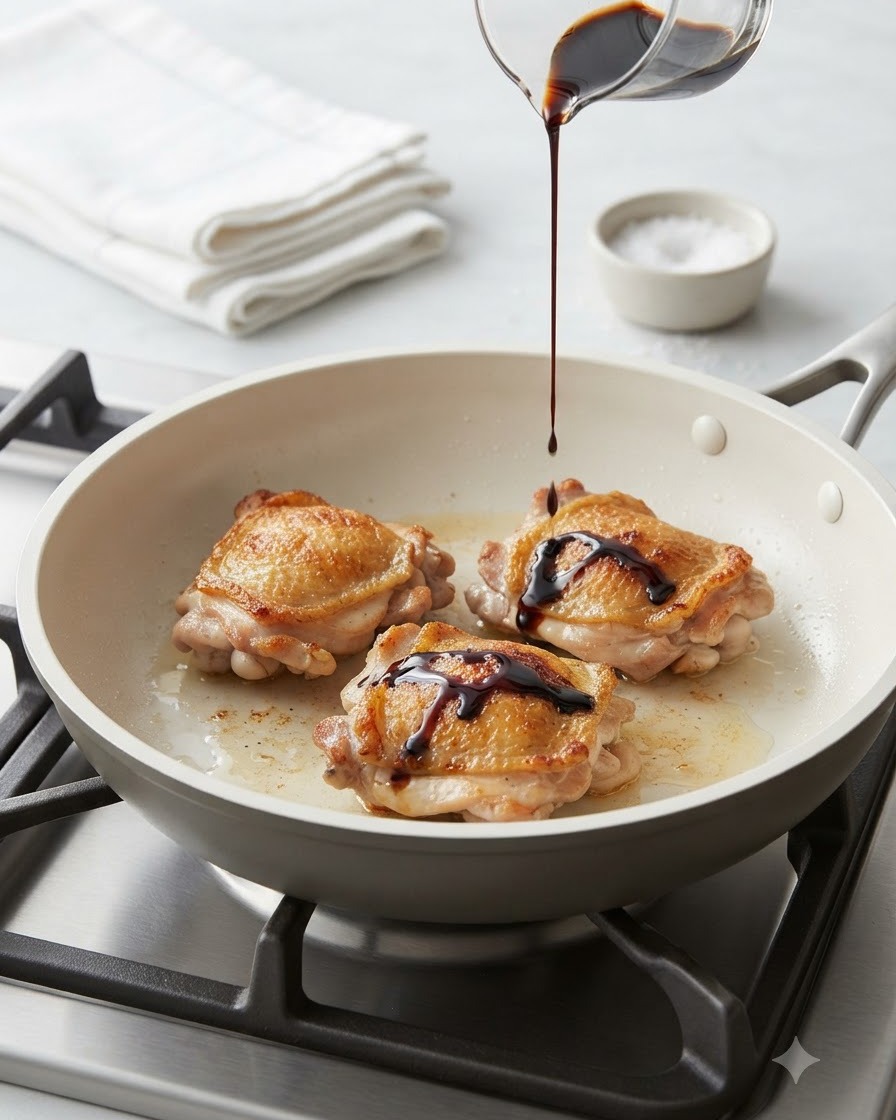 Salsa teriyaki scura versata da una piccola brocca sui pezzi di pollo nella padella.