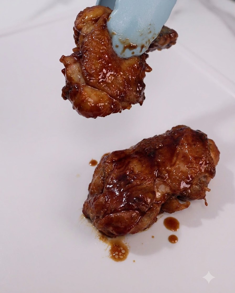 Cosce di pollo glassate cotte sollevate da una padella con le pinze su un piatto bianco.