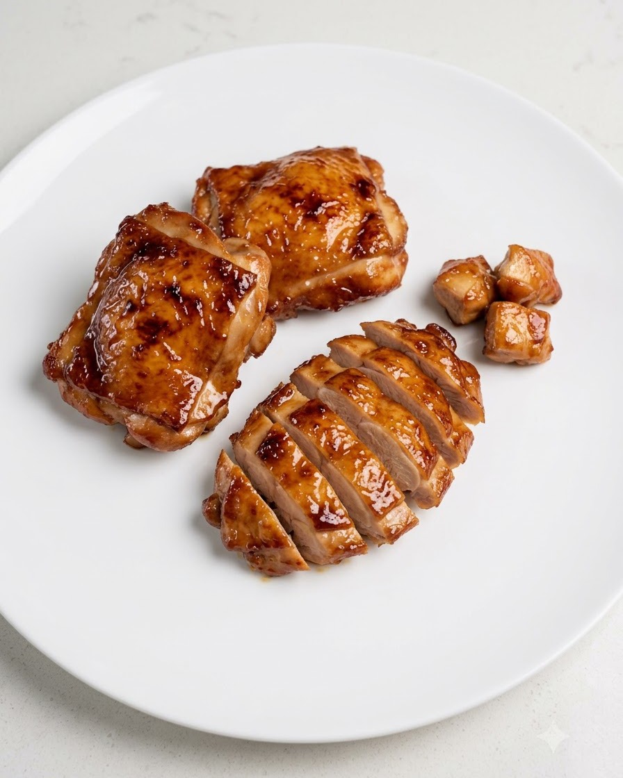 Cosce di pollo cotte tagliate in fette regolari su un piatto bianco con un coltello.