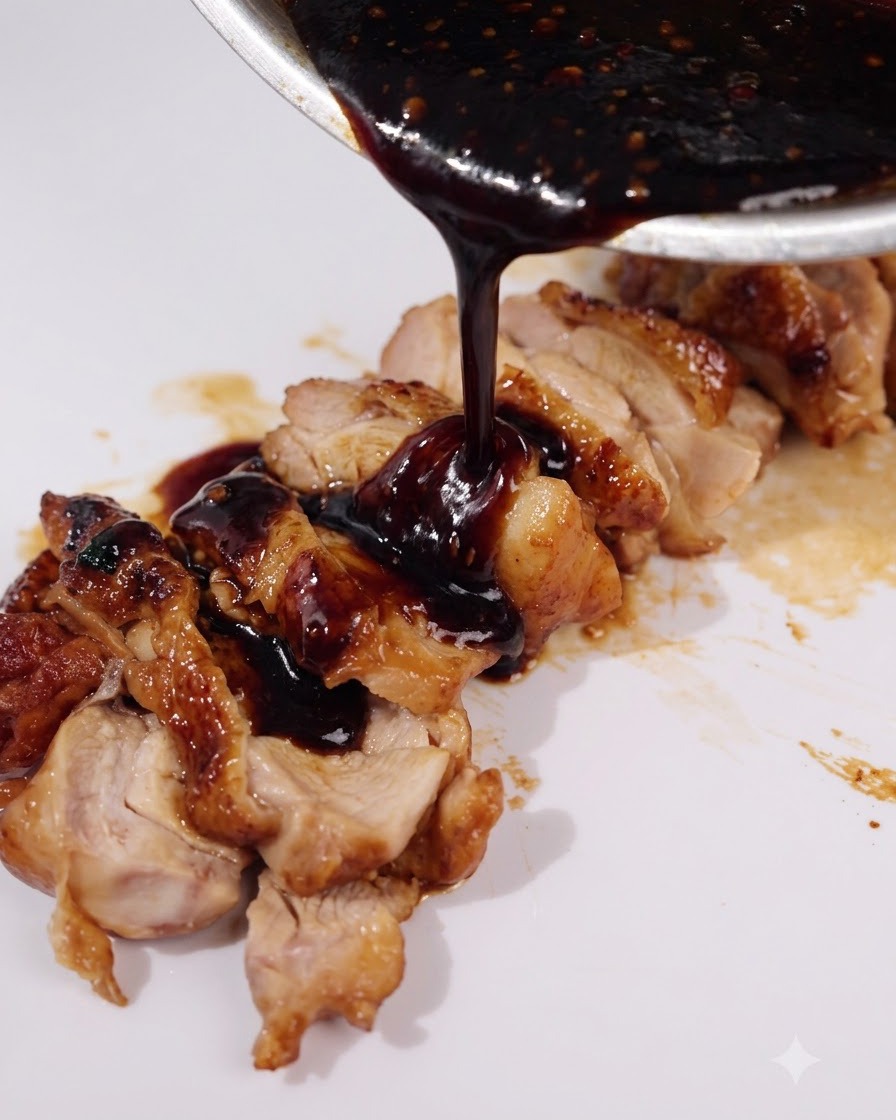 Salsa teriyaki scura versata da una padella direttamente sul pollo affettato su un piatto bianco.