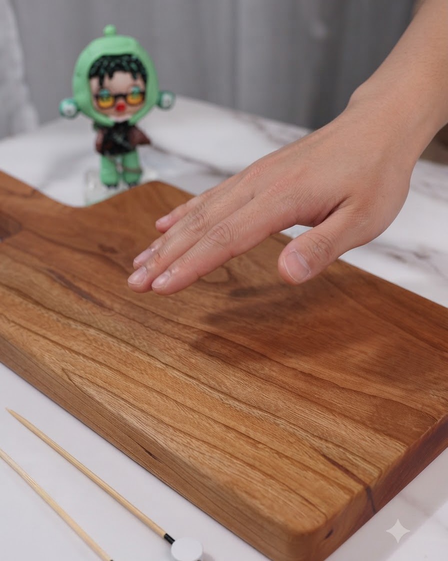 Un tagliere di legno pulito predisposto con spiedini di legno per assemblare un panino.