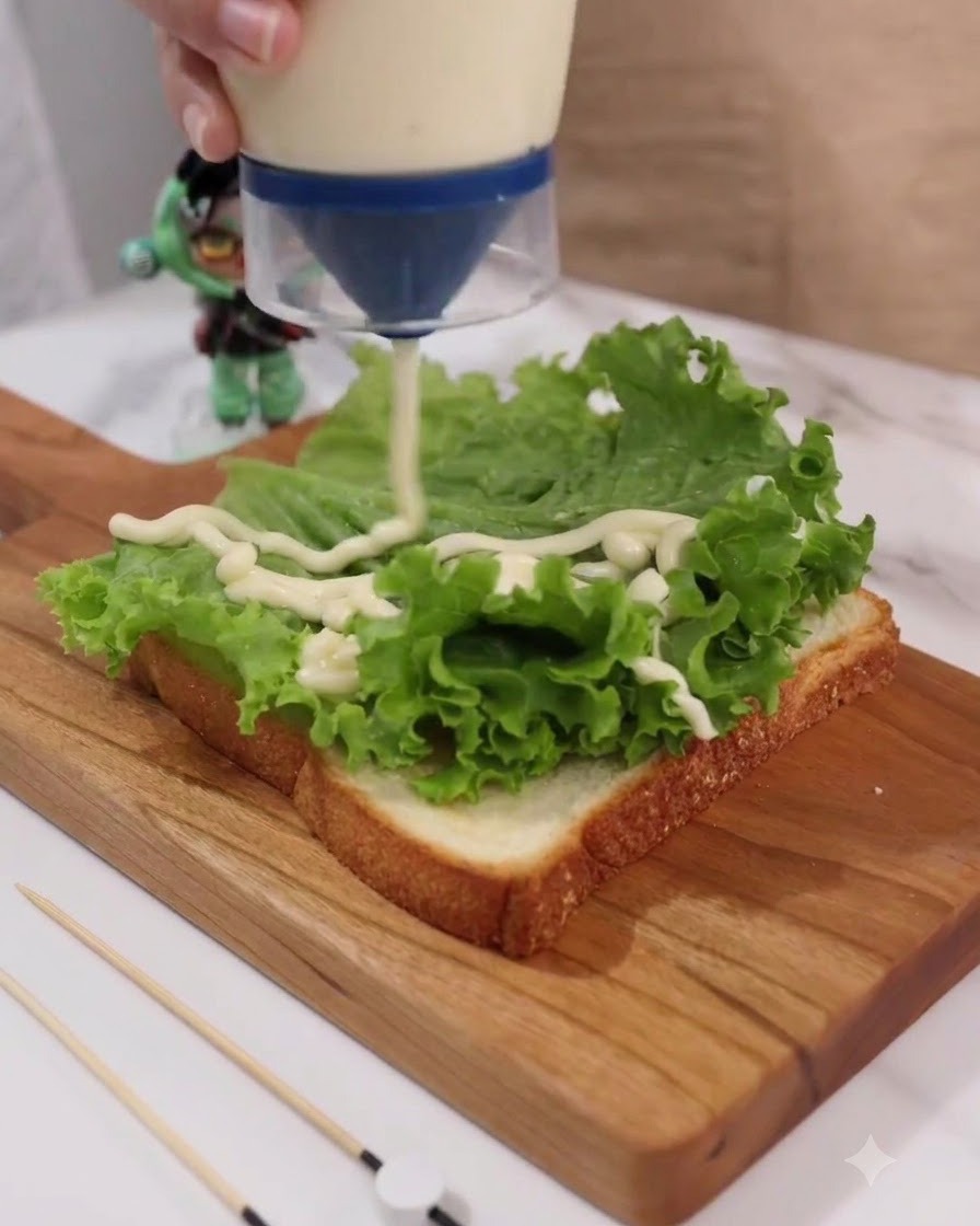 Maionese spremuta da un dispenser a linee zig-zag sopra la lattuga verde su una fetta di pane.