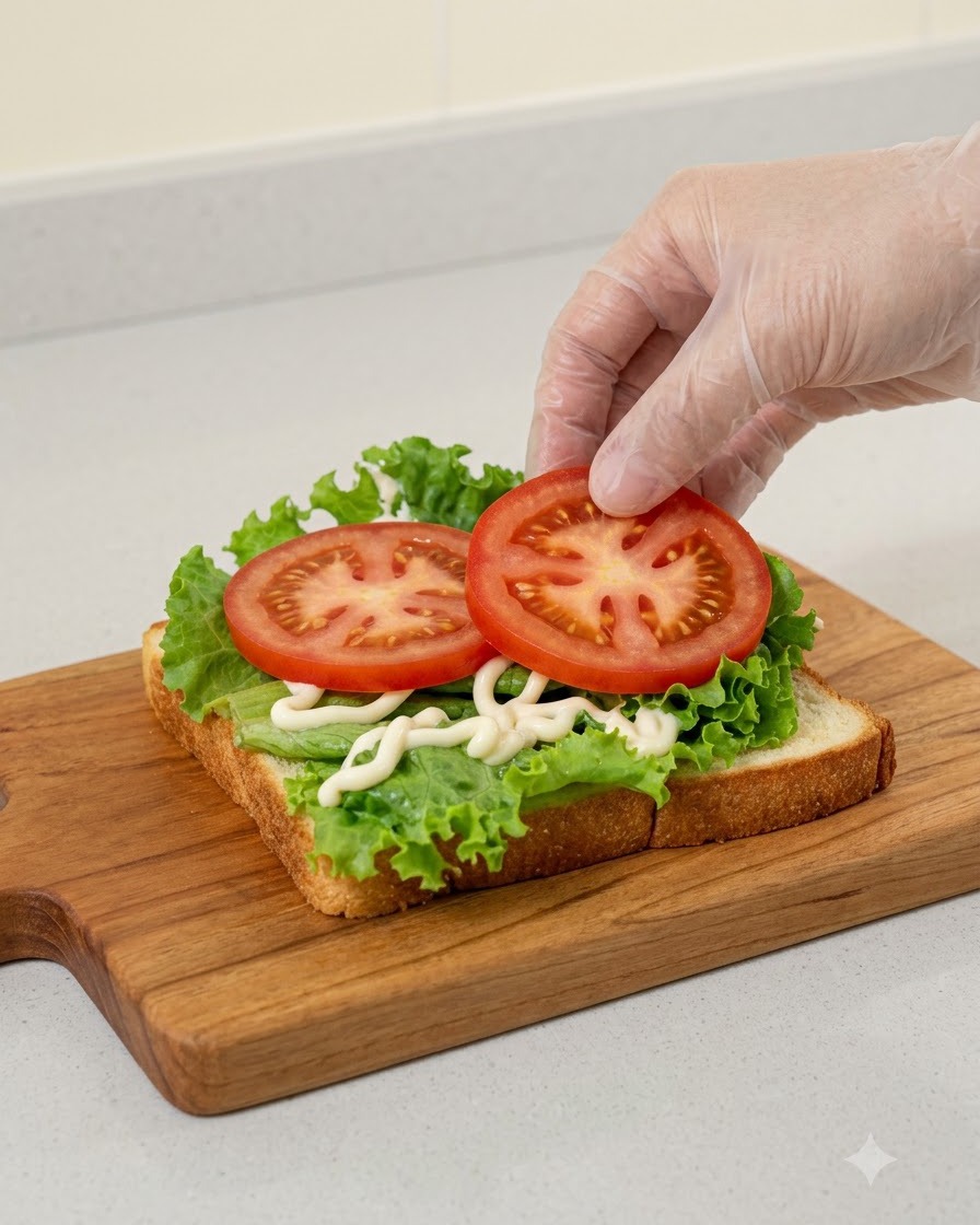 Mano con guanto che posiziona due fette rotonde di pomodoro rosso sullo strato di lattuga del panino.