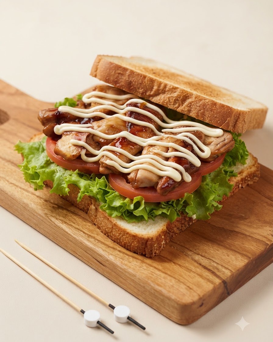 Primo piano di uno strato di panino al pollo che mostra un motivo a zig-zag di maionese bianca gocciolata sul pollo teriyaki glassato.