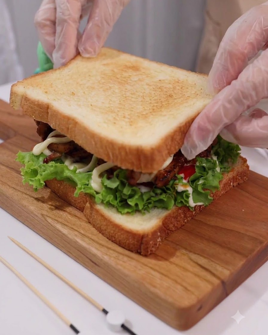 Mani con guanti trasparenti che posizionano delicatamente una fetta di pane dorato sul panino assemblato.