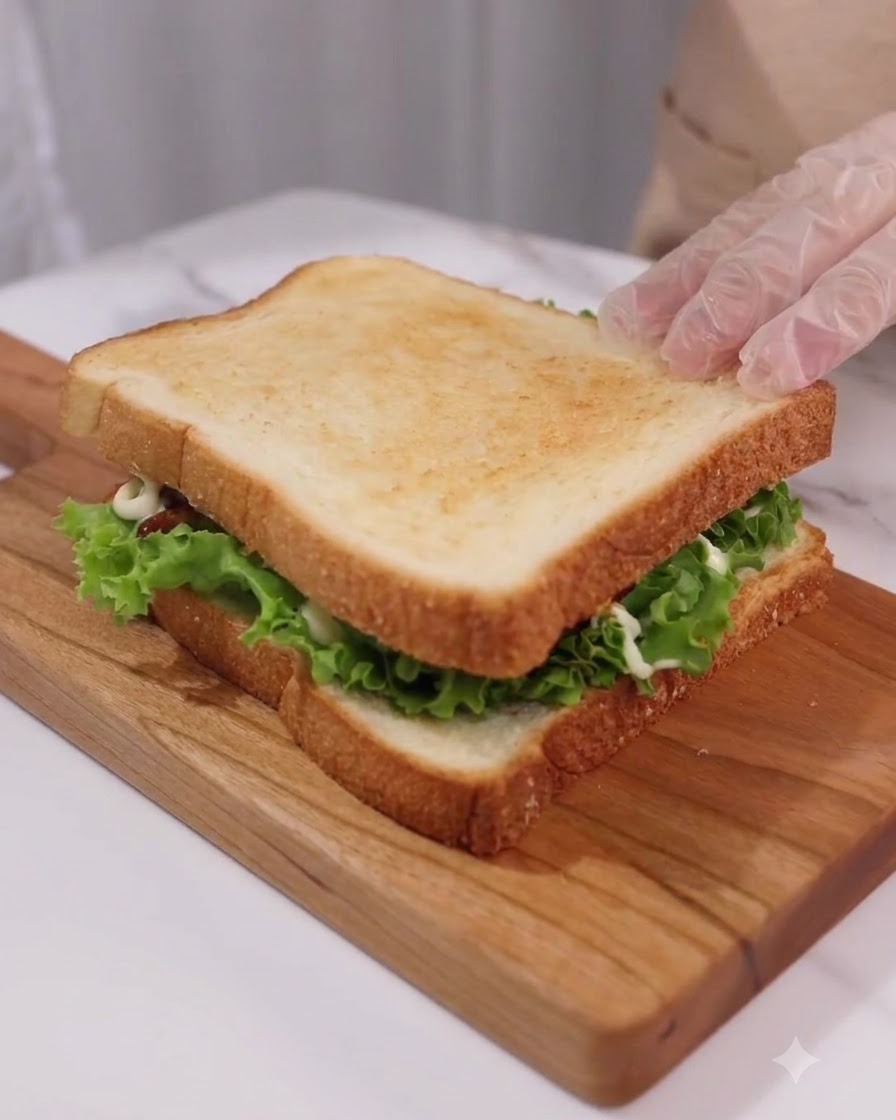 Due stuzzicadenti infilati nello strato superiore di un panino tostato finito su un tagliere di legno.