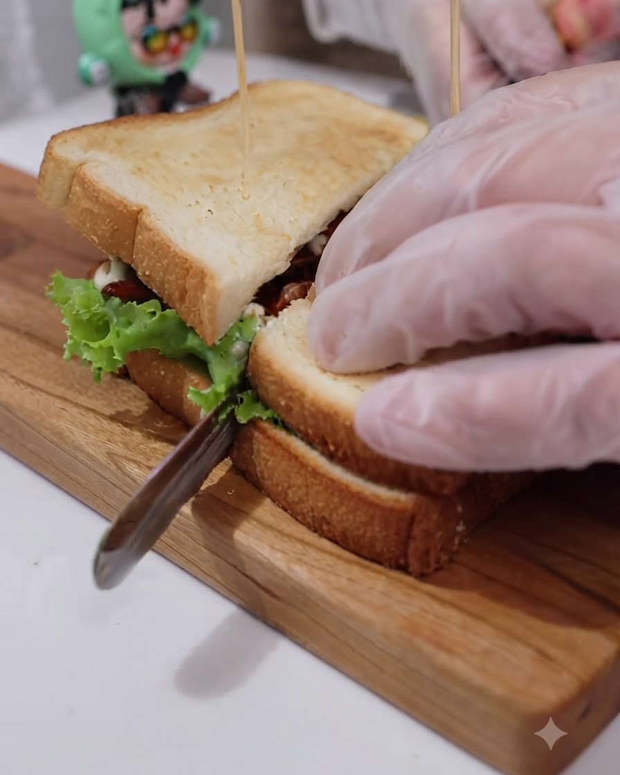 Un coltello che taglia diagonalmente attraverso un panino appena fatto su un tagliere di legno.