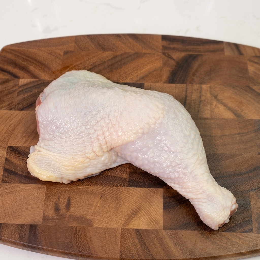 Una sovracoscia di pollo cruda in fase di disossamento con un coltello affilato su un tagliere di legno.