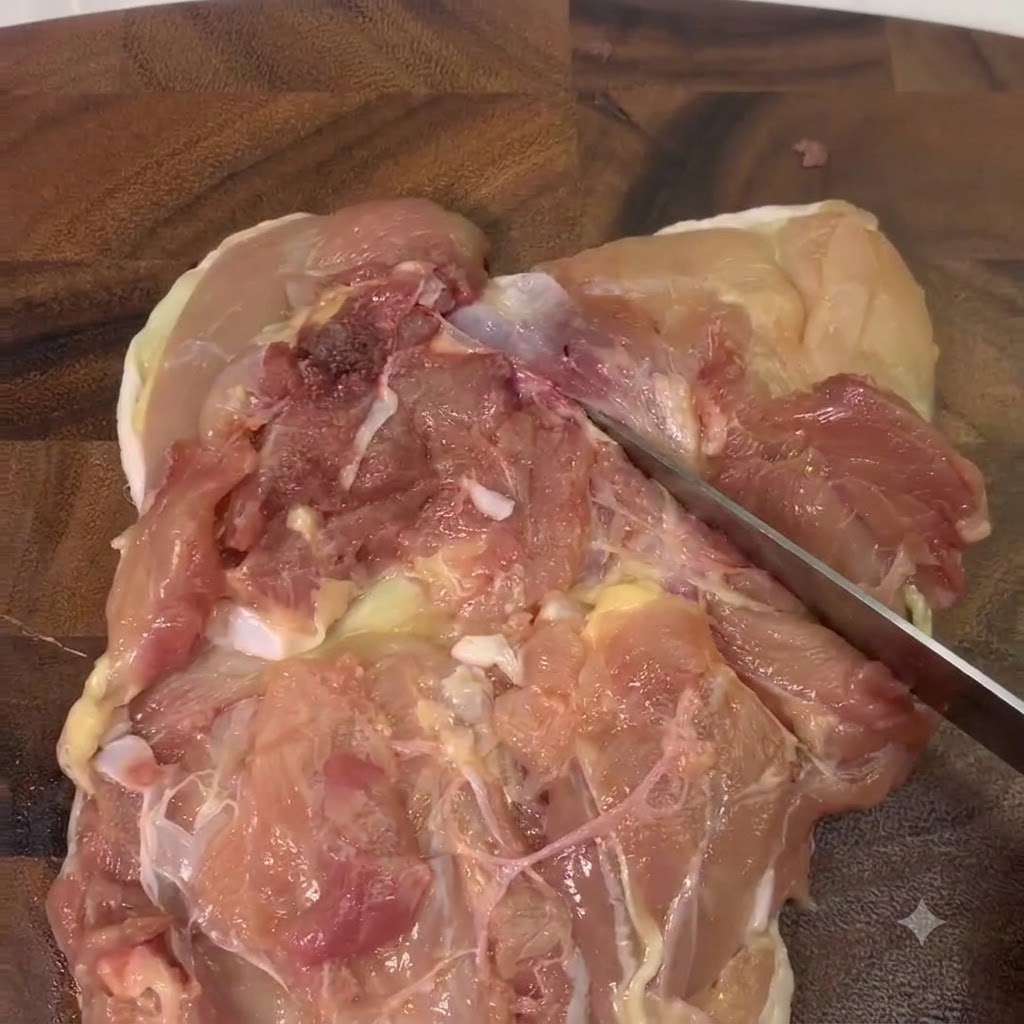 Primo piano di una sovracoscia di pollo disossata incisa con un coltello su un tagliere di legno.