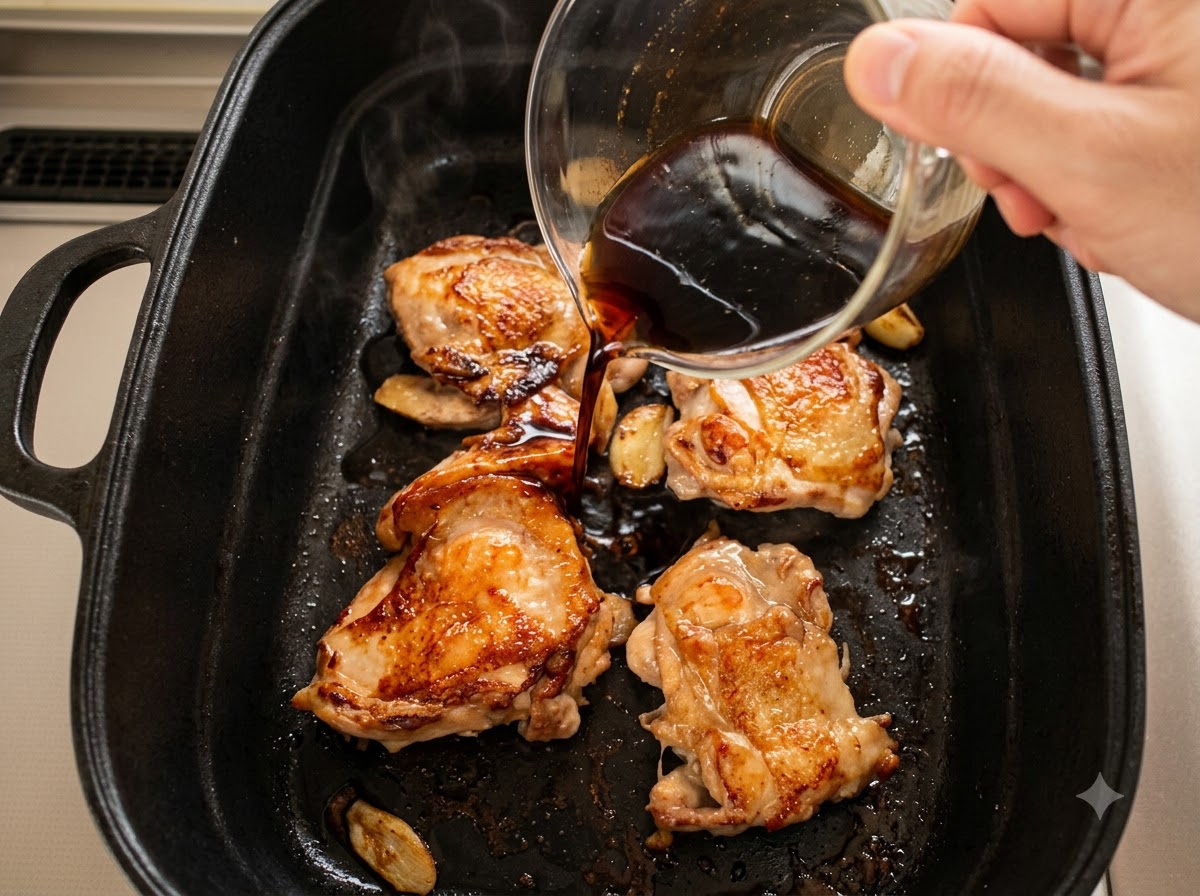 Una mano che versa una densa e ricca salsa teriyaki da una ciotola di vetro sulle sovracosce di pollo dorate in una padella nera.