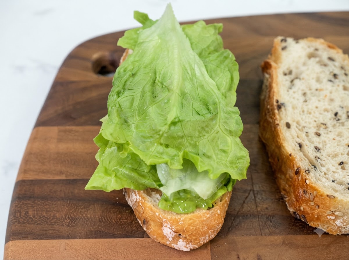 Foglie di lattuga fresche e verde brillante piegate con cura sopra una fetta di pane spalmata di senape su un tagliere di legno.