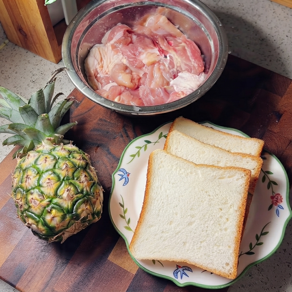 Cosce di pollo crude in una ciotola di acciaio inossidabile circondate da un ananas e un piatto di pane bianco.