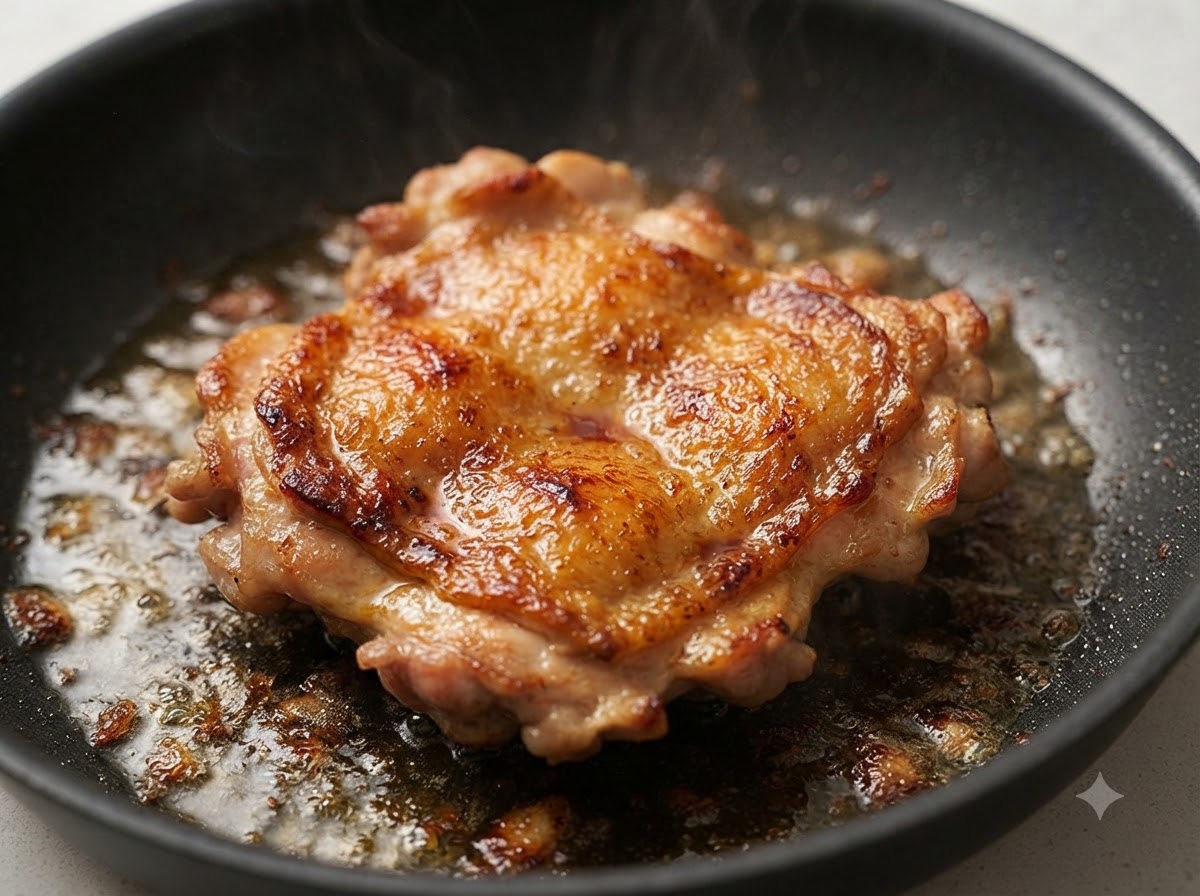 Una coscia di pollo rosolata e dorata che sfrigola in una padella con i succhi di cottura.
