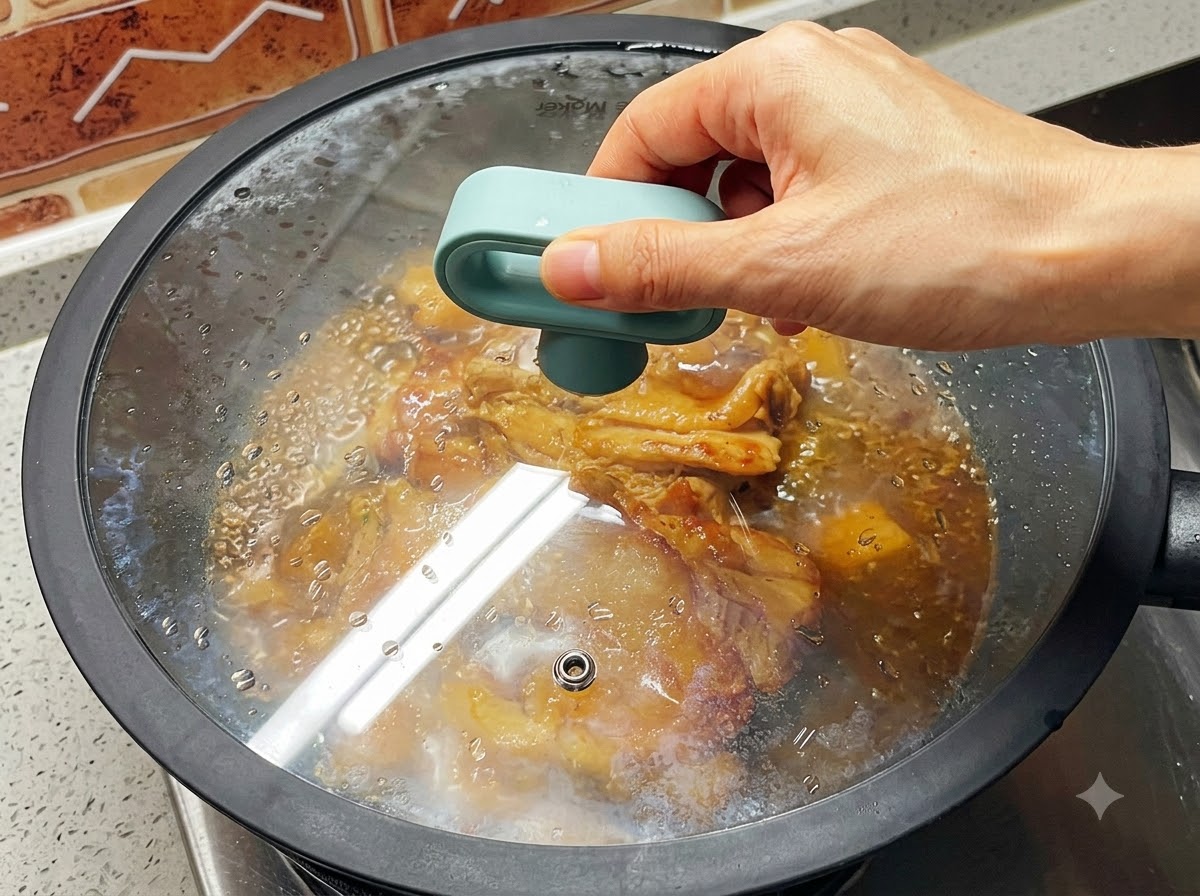 Una mano che regge il coperchio di vetro di una padella mentre il pollo sobbolle allinterno in una salsa marrone che fa le bolle.
