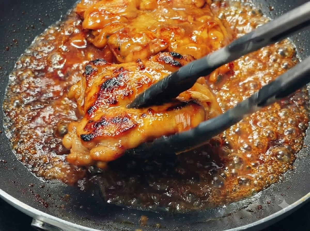 Delle pinze che girano una coscia di pollo glassata in una padella piena di salsa teriyaki marrone e frizzante.